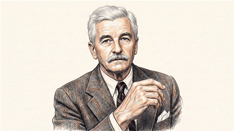 Archival-style illustrated portrait of William Faulkner