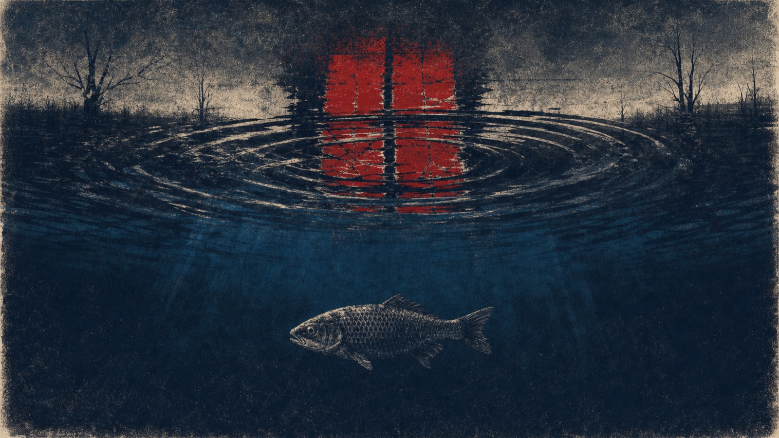 Printmaking-style fish beneath dark water and a fractured crimson window reflection