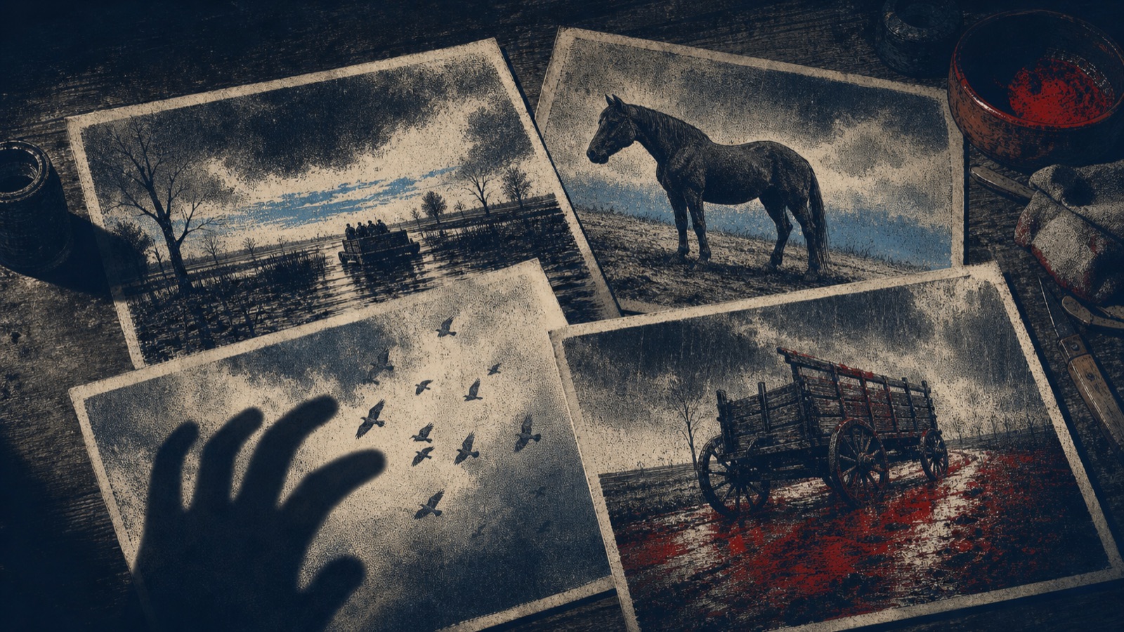 Archival table of four illustrated plates depicting the river, a horse, birds, and the wagon