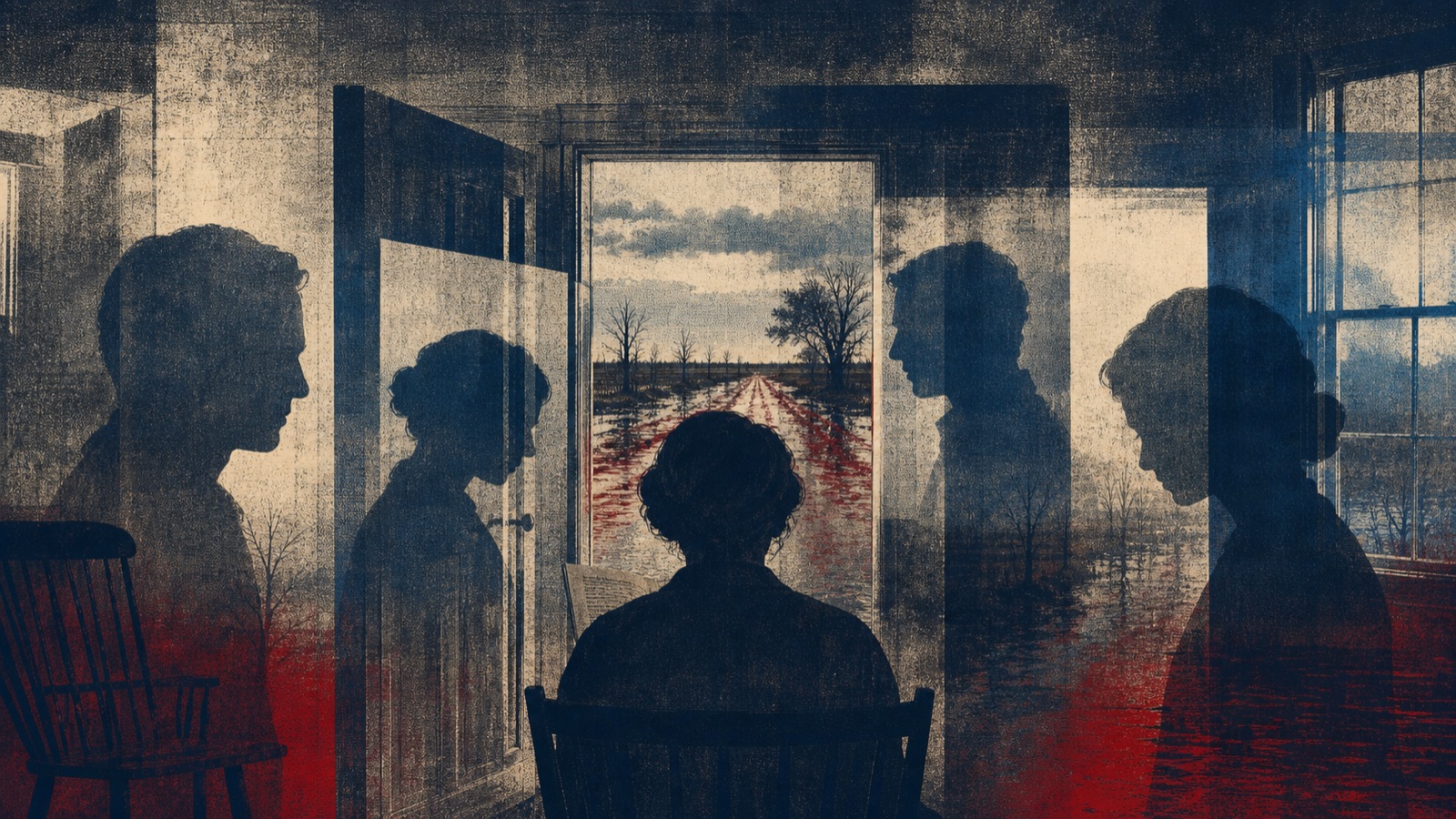 Layered printmaking scene of a reader surrounded by competing silhouettes and a flooded road