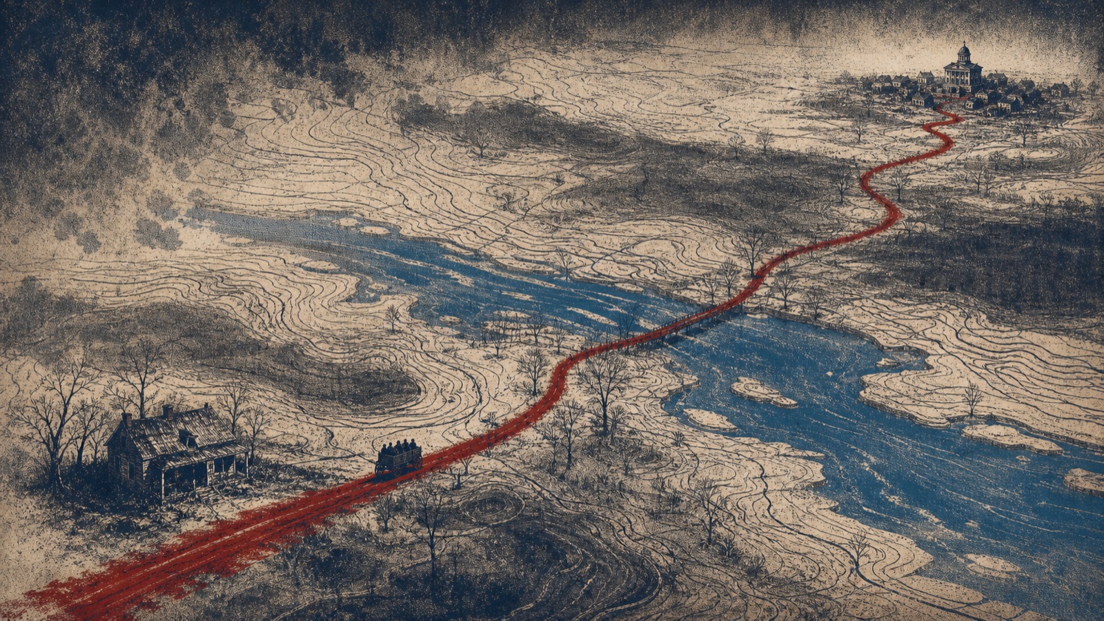 Printmaking-style topographic map with a crimson route crossing a blue river toward Jefferson