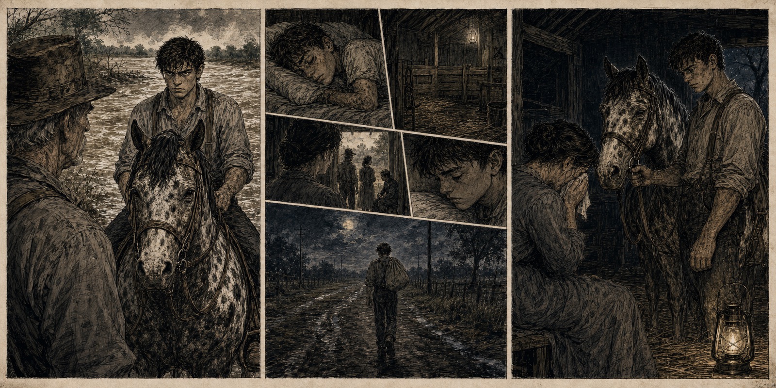 Jewel and his horse in a storm-dark illustrated sequence