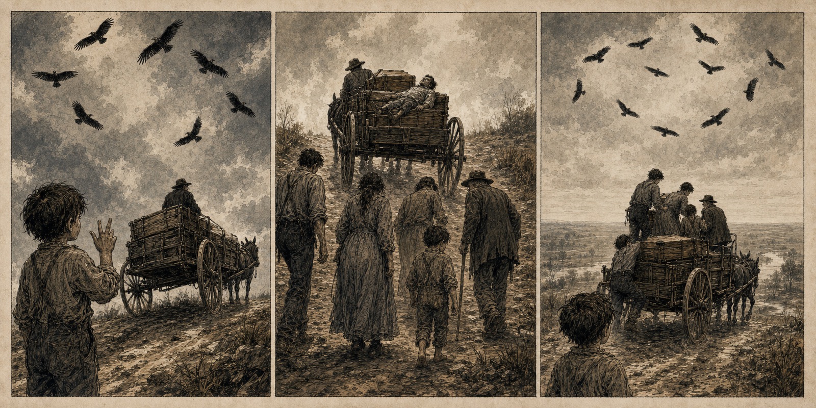 The Bundren wagon moving beneath circling birds