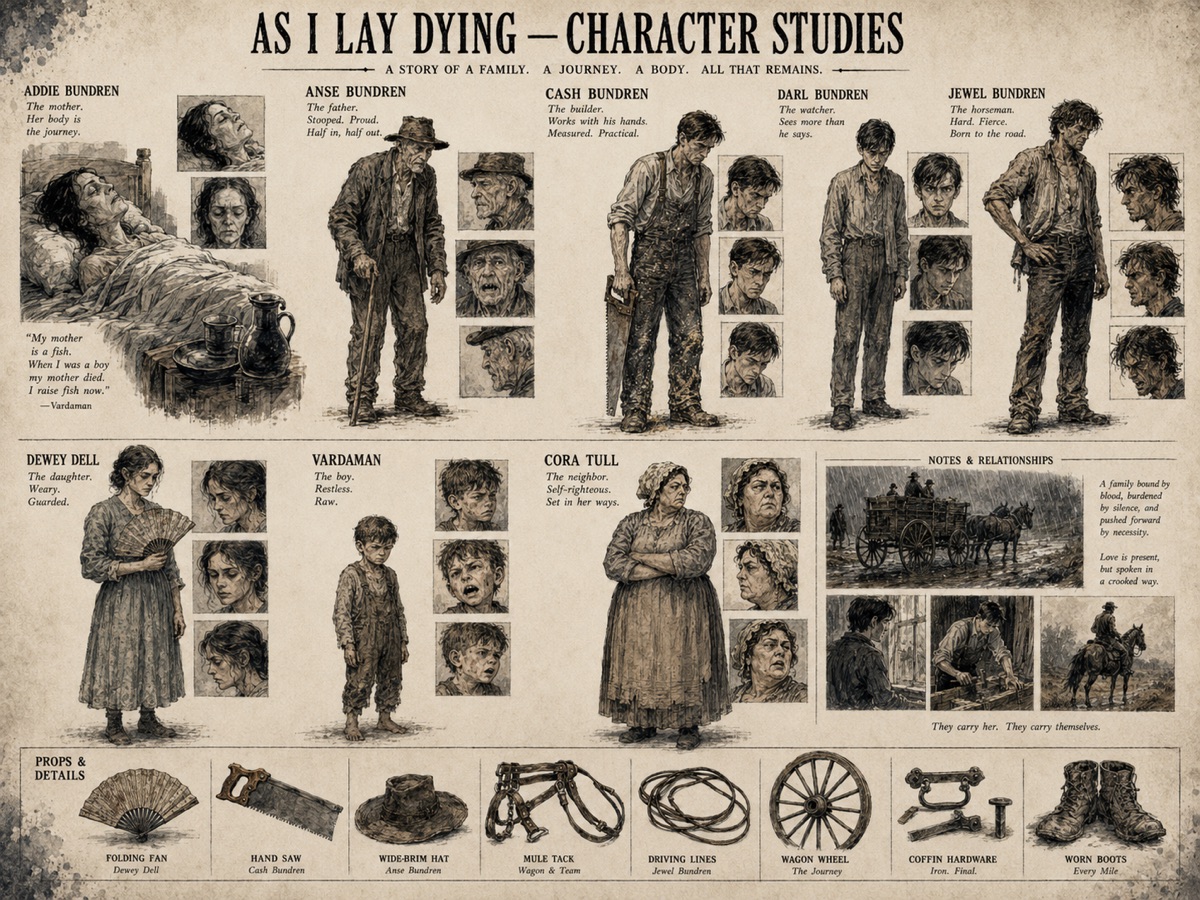 Character study sheet with sketches of the Bundren family — Addie, Anse, Cash, Darl, Jewel, Dewey Dell, Vardaman — plus Cora Tull, and drawings of props: folding fan, hand saw, straw hat, mule tack, wagon wheel, coffin hardware, and work boots.