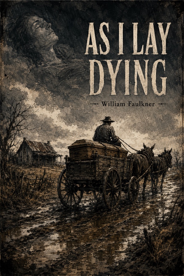 Illustrated book cover for As I Lay Dying: a man in a hat drives a mule-drawn wagon carrying a coffin down a muddy road past a weathered farmhouse, while the face of a dying woman appears faintly in the storm clouds above.