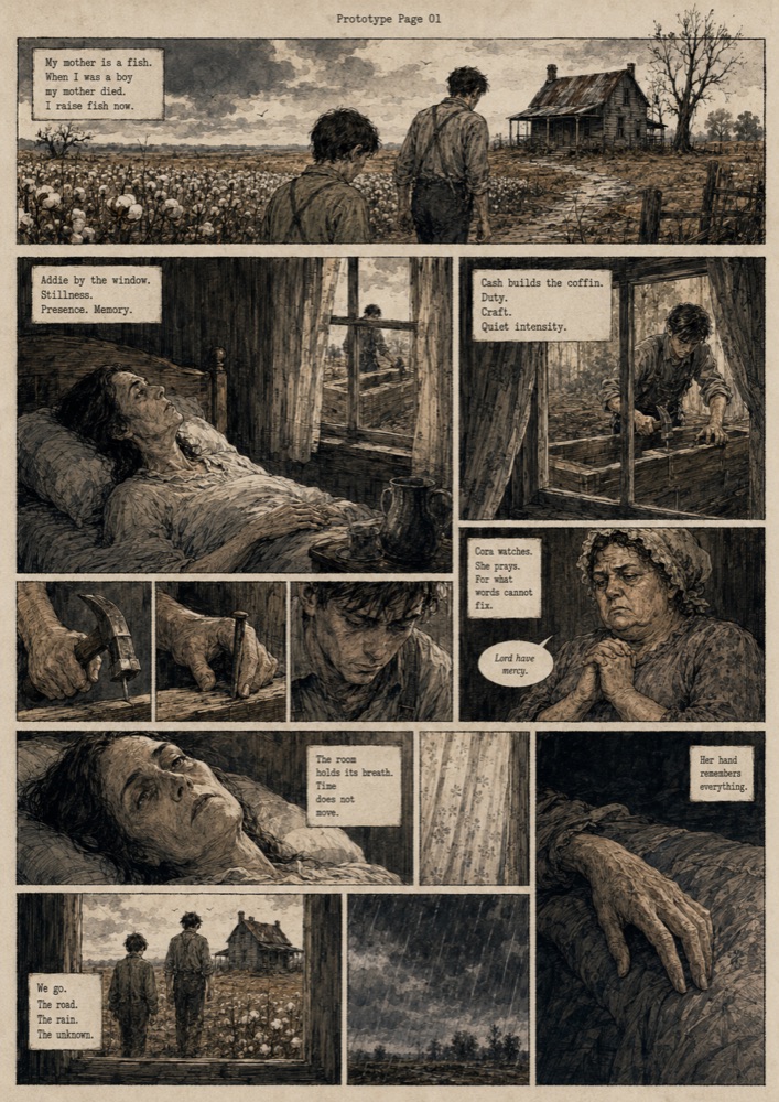 Prototype graphic novel page: sepia panels showing two brothers walking through a cotton field toward a farmhouse, Addie at the window, and Cash building the coffin, with typewritten narration boxes.