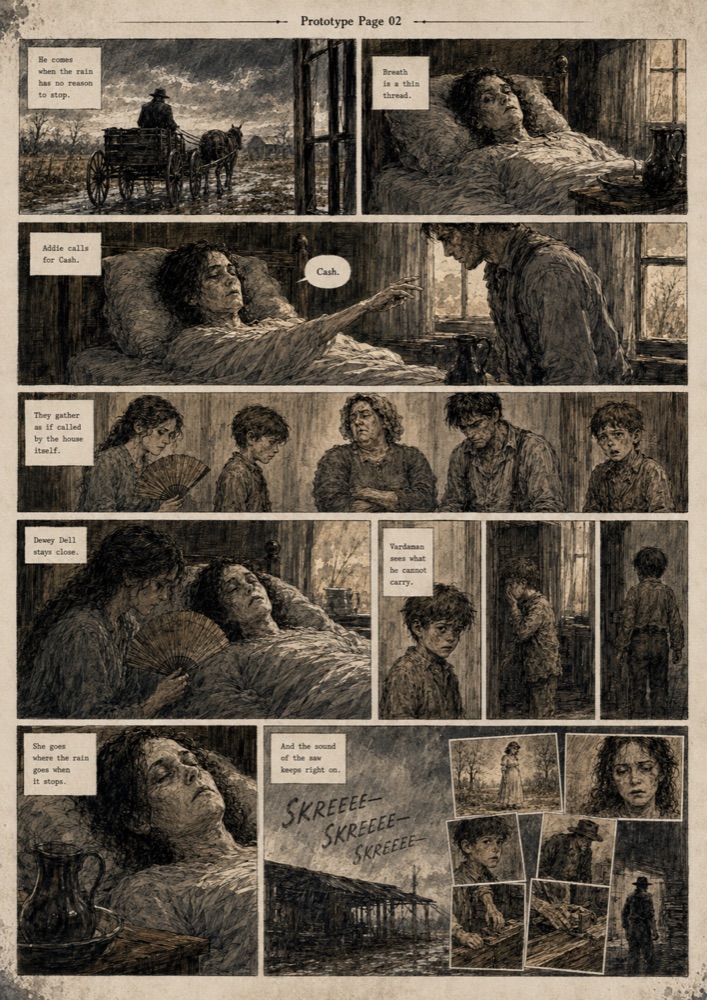 Second prototype page: panels of the family gathering at Addie's deathbed as rain begins, ending with the sound of the saw — 'Skreee' — lettered across the final panels.