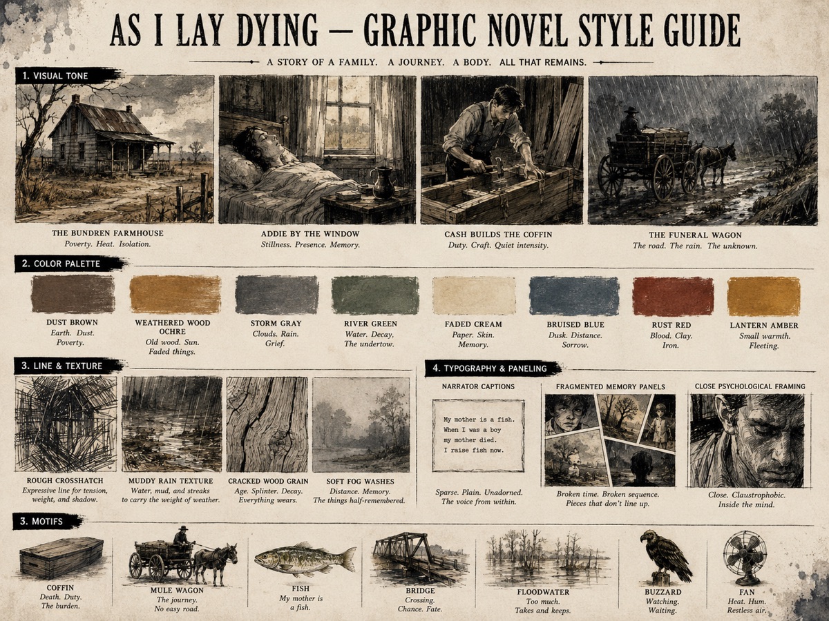 Graphic novel style guide sheet: visual tone thumbnails, an eight-color earth-tone palette, line and texture samples, typography and paneling rules, and small motif drawings of the coffin, mule wagon, fish, bridge, floodwater, buzzard, and fan.