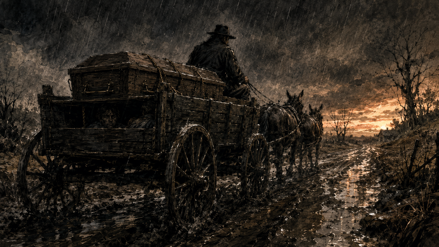 Funeral wagon traveling through rain on a muddy road