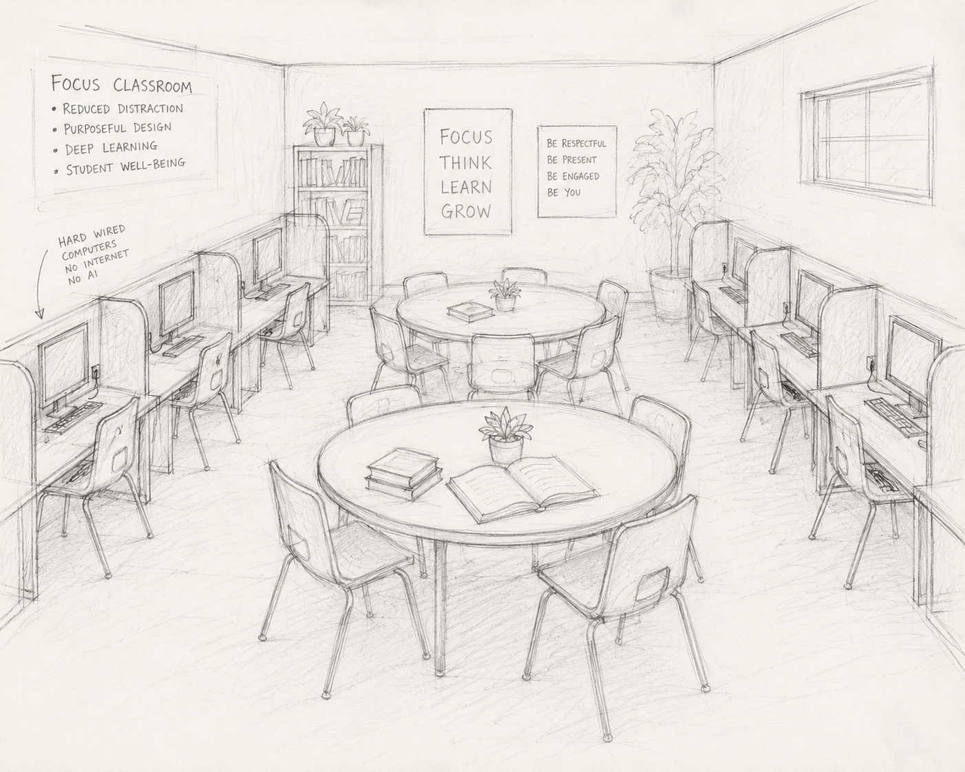 Pencil sketch of the focus classroom: round tables in the center, hard-wired computer carrels along the walls.
