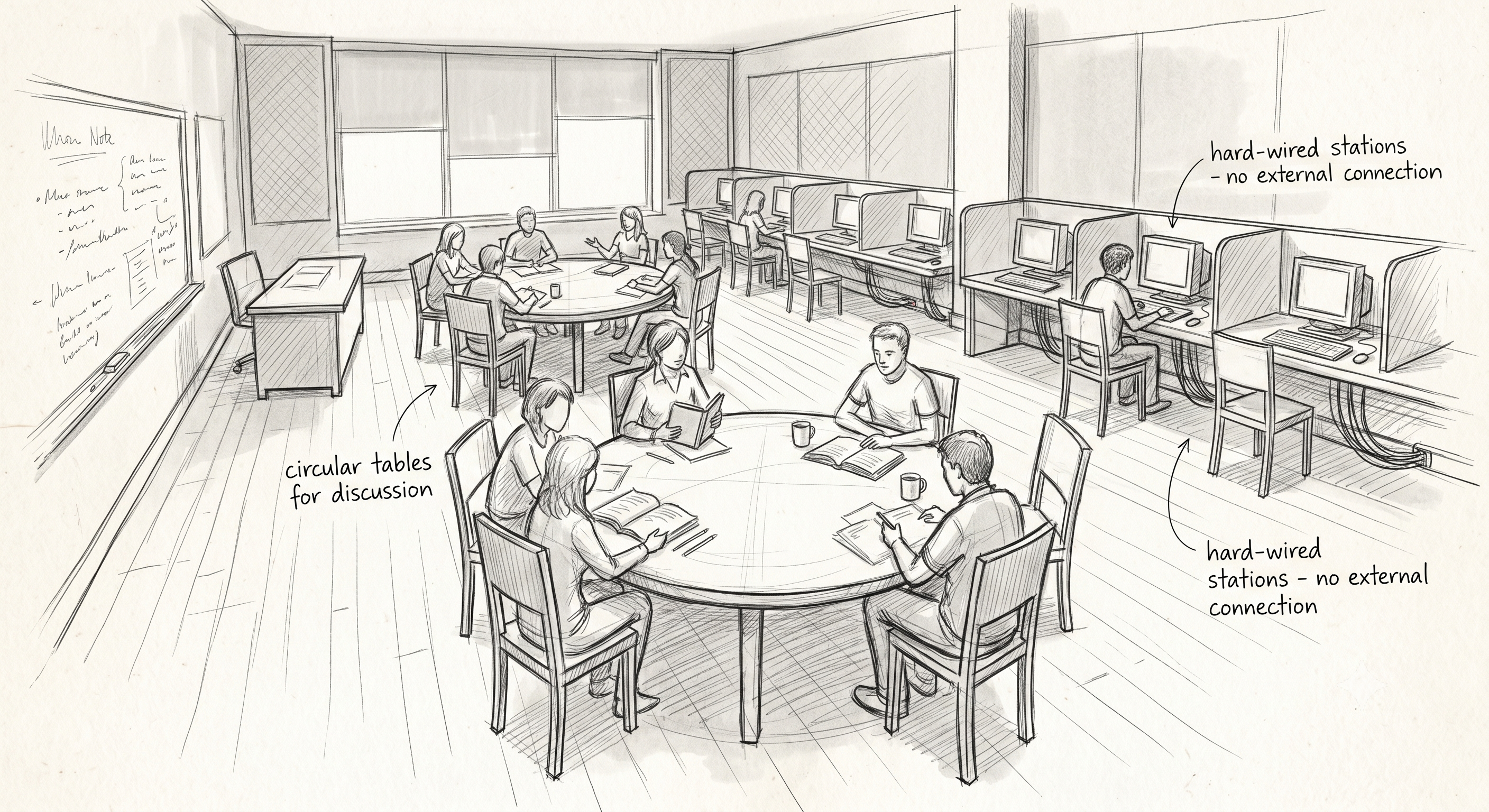 Concept sketch of a focus classroom: round discussion tables in the center, hard-wired computer stations with no external connection along the walls, a window and bookshelves at the back.