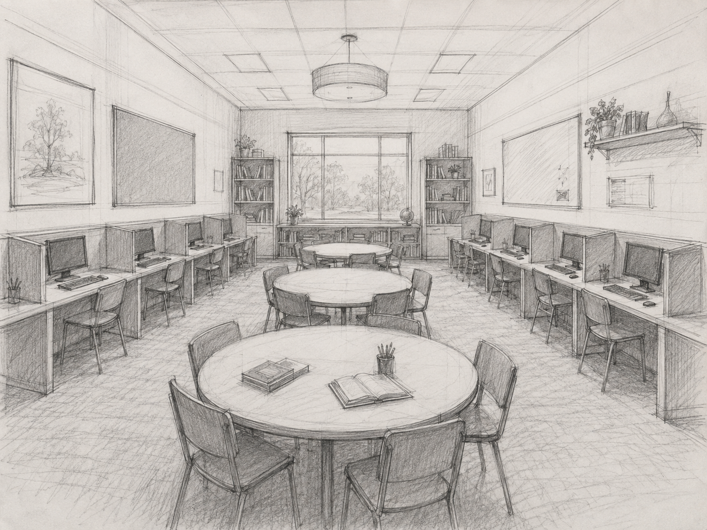 Pencil sketch of a focus classroom: round discussion tables in the center, offline computer stations along the walls, a window and bookshelves at the back.